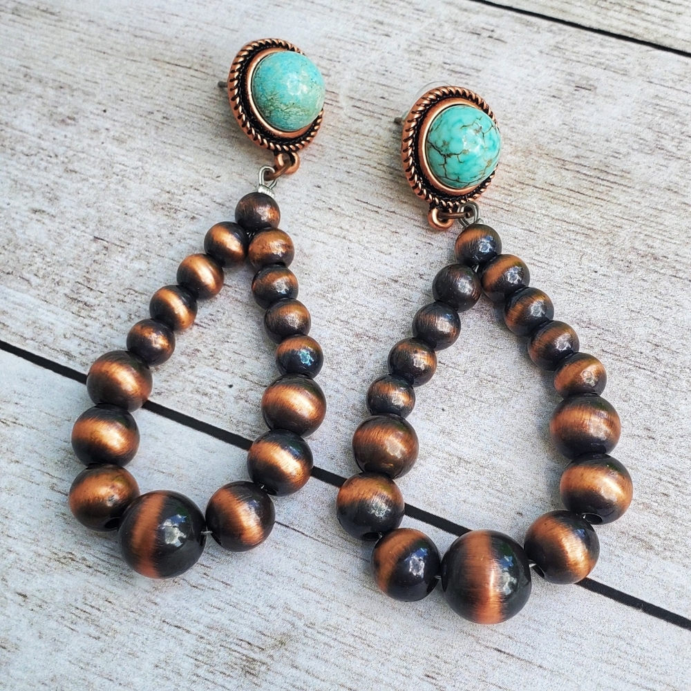 Copper navajo turquoise hoop earrings
